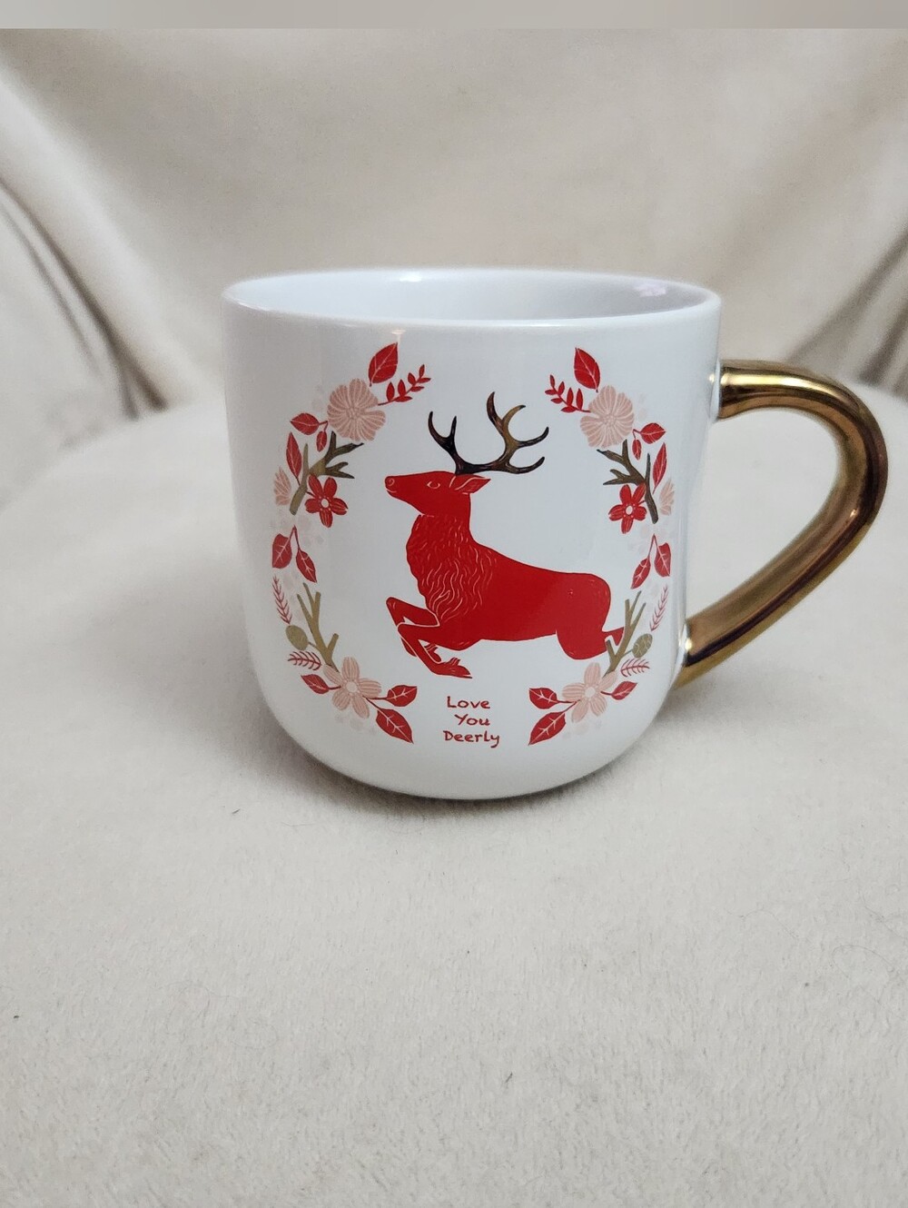 Threshold White Ceramic Mug with Red Deer and Gold Handle